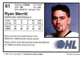 1991-92 7th Inning Sketch OHL #61 Ryan Merritt Back