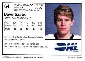 1991-92 7th Inning Sketch OHL #64 Dave Szabo Back