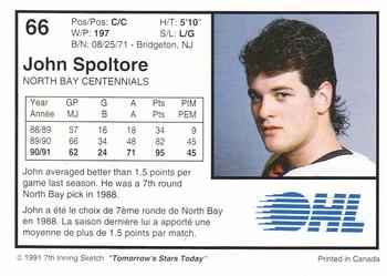 1991-92 7th Inning Sketch OHL #66 John Spoltore Back