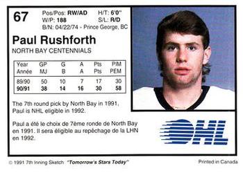 1991-92 7th Inning Sketch OHL #67 Paul Rushforth Back