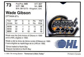 1991-92 7th Inning Sketch OHL #73 Wade Gibson Back