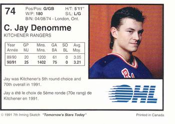 1991-92 7th Inning Sketch OHL #74 C.J. Denomme Back