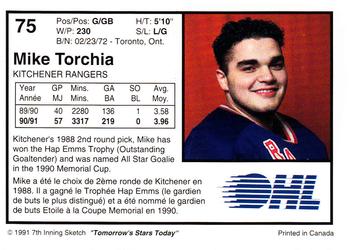 1991-92 7th Inning Sketch OHL #75 Mike Torchia Back