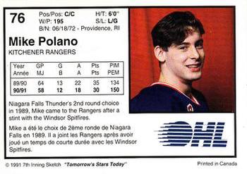 1991-92 7th Inning Sketch OHL #76 Mike Polano Back