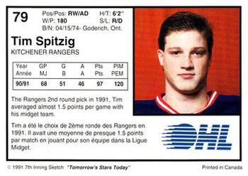 1991-92 7th Inning Sketch OHL #79 Tim Spitzig Back
