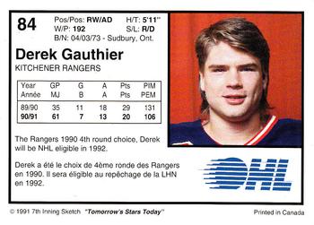 1991-92 7th Inning Sketch OHL #84 Derek Gauthier Back