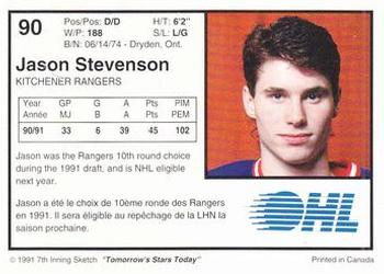 1991-92 7th Inning Sketch OHL #90 Jason Stevenson Back