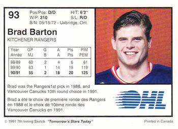 1991-92 7th Inning Sketch OHL #93 Brad Barton Back