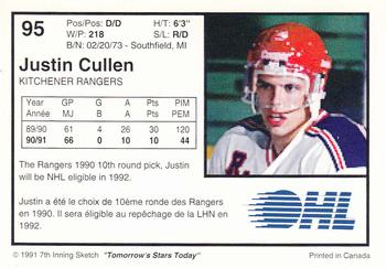 1991-92 7th Inning Sketch OHL #95 Justin Cullen Back