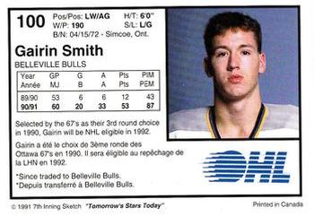 1991-92 7th Inning Sketch OHL #100 Gairin Smith Back
