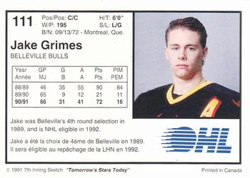 1991-92 7th Inning Sketch OHL #111 Jake Grimes Back
