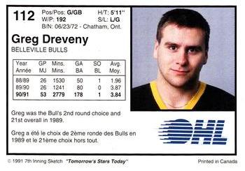 1991-92 7th Inning Sketch OHL #112 Greg Dreveny Back