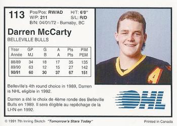 1991-92 7th Inning Sketch OHL #113 Darren McCarty Back