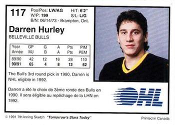 1991-92 7th Inning Sketch OHL #117 Darren Hurley Back