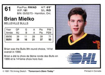 1991-92 7th Inning Sketch OHL #61 Brian Mielko Back