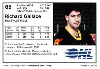 1991-92 7th Inning Sketch OHL #65 Richard Gallace Back