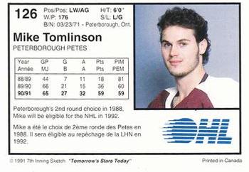 1991-92 7th Inning Sketch OHL #126 Mike Tomlinson Back