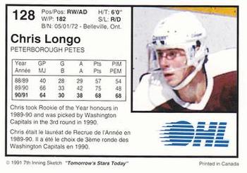 1991-92 7th Inning Sketch OHL #128 Chris Longo Back
