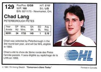 1991-92 7th Inning Sketch OHL #129 Chad Lang Back