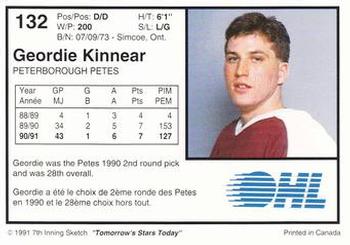 1991-92 7th Inning Sketch OHL #132 Geordie Kinnear Back