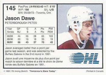 1991-92 7th Inning Sketch OHL #145 Jason Dawe Back