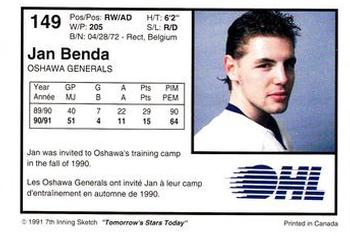 1991-92 7th Inning Sketch OHL #149 Jan Benda Back