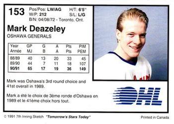 1991-92 7th Inning Sketch OHL #153 Mark Deazeley Back