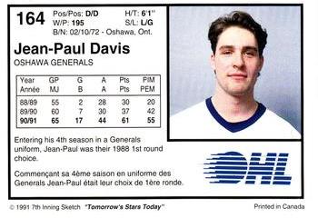 1991-92 7th Inning Sketch OHL #164 Jean-Paul Davis Back