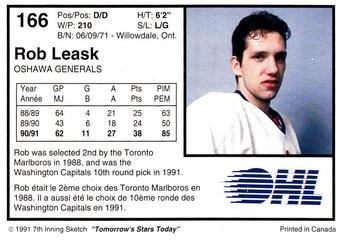 1991-92 7th Inning Sketch OHL #166 Rob Leask Back