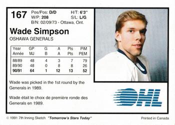 1991-92 7th Inning Sketch OHL #167 Wade Simpson Back