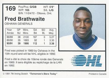 1991-92 7th Inning Sketch OHL #169 Fred Brathwaite Back