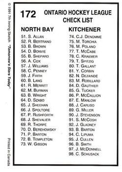 1991-92 7th Inning Sketch OHL #172 Checklist: 1-98 Back