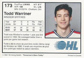 1991-92 7th Inning Sketch OHL #173 Todd Warriner Back