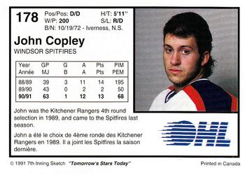 1991-92 7th Inning Sketch OHL #178 John Copley Back