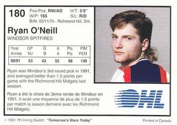 1991-92 7th Inning Sketch OHL #180 Ryan O'Neill Back