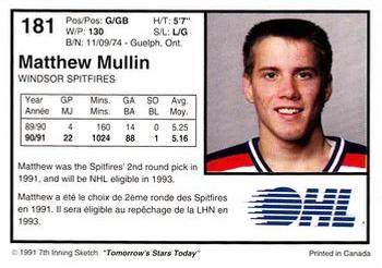 1991-92 7th Inning Sketch OHL #181 Matthew Mullin Back