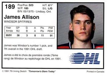 1991-92 7th Inning Sketch OHL #189 James Allison Back