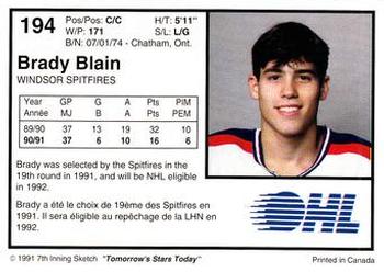 1991-92 7th Inning Sketch OHL #194 Brady Blain Back