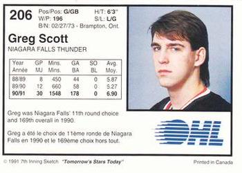 1991-92 7th Inning Sketch OHL #206 Greg Scott Back