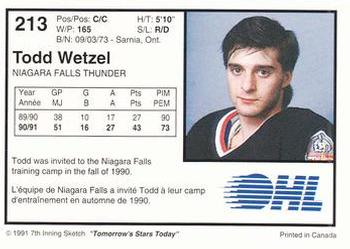 1991-92 7th Inning Sketch OHL #213 Todd Wetzel Back