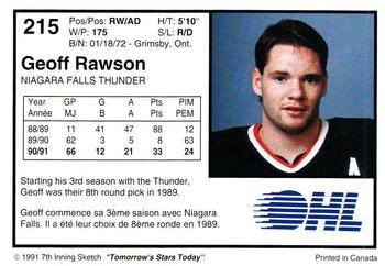 1991-92 7th Inning Sketch OHL #215 Geoff Rawson Back