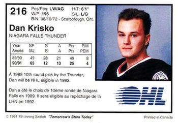 1991-92 7th Inning Sketch OHL #216 Dan Krisko Back