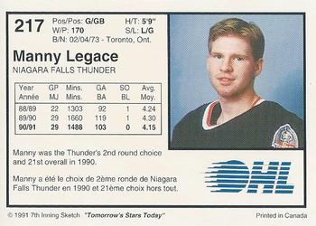1991-92 7th Inning Sketch OHL #217 Manny Legace Back