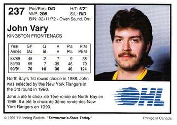 1991-92 7th Inning Sketch OHL #237 John Vary Back
