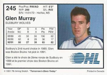 1991-92 7th Inning Sketch OHL #245 Glen Murray Back