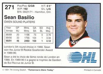 1991-92 7th Inning Sketch OHL #271 Sean Basilio Back
