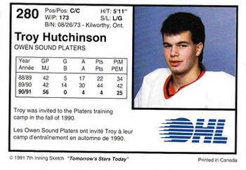 1991-92 7th Inning Sketch OHL #280 Troy Hutchinson Back