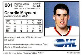 1991-92 7th Inning Sketch OHL #281 Geordie Maynard Back