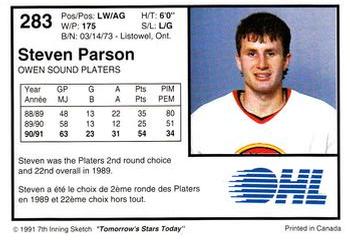 1991-92 7th Inning Sketch OHL #283 Steven Parson Back