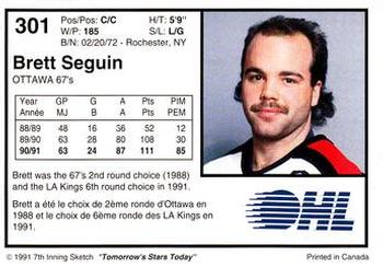 1991-92 7th Inning Sketch OHL #301 Brett Seguin Back